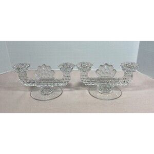 Pair Fostoria American Double Flat Foot Candle Holders* Vintage Crystal
